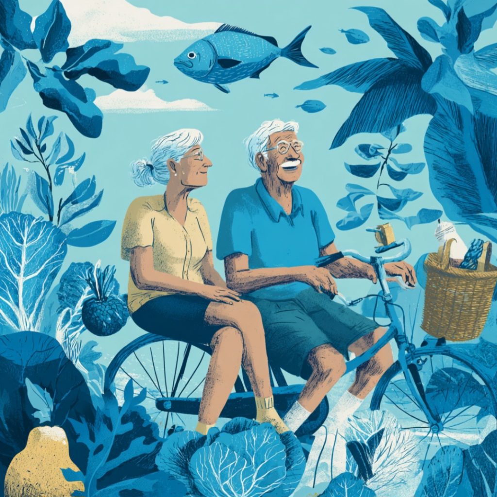 Illustrative Grafik zum Thema gesund altern und Longevity mit älterem Paar auf einem Fahrrad inmitten von Natur, Gemüse, Pflanzen und Fischen. Künstlerischer blauer Illustrationsstil symbolisiert gesunde Ernährung, Bewegung, Naturverbundenheit und ein aktives langes Leben.