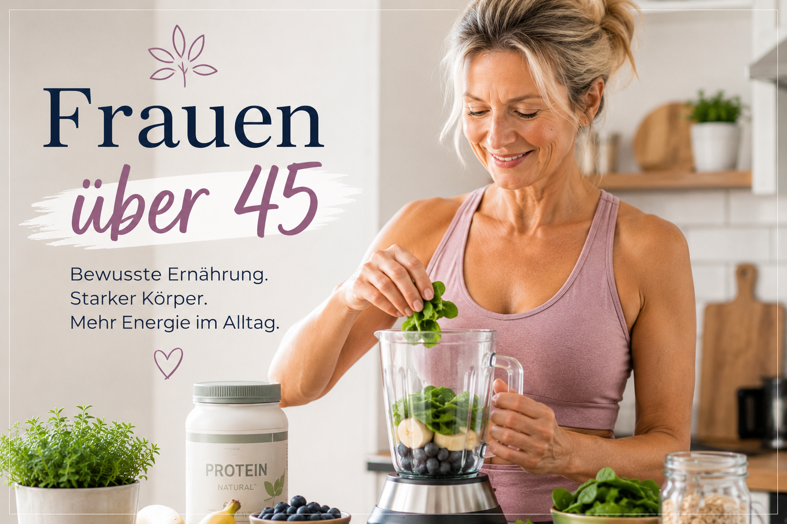 Gesunde Frau über 45 bereitet bewusste Ernährung und Meal Prep in einer modernen Küche vor.
