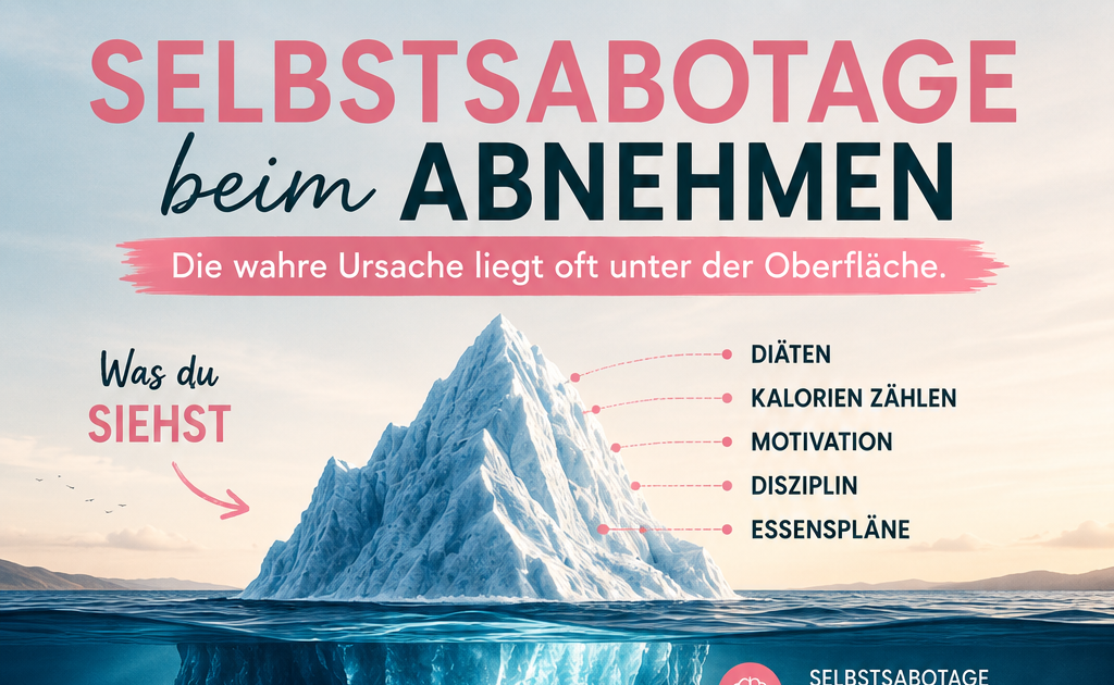 Eisberg als Metapher für Selbstsabotage beim Abnehmen. Über der Wasseroberfläche stehen sichtbare Faktoren wie Diäten, Kalorien zählen und Disziplin. Unter der Oberfläche werden die eigentlichen Ursachen dargestellt: Stressessen, Heißhunger, Selbstzweifel, Gewohnheiten, Schlafmangel und emotionale Auslöser. Die Grafik zeigt, warum Abnehmen oft nicht an fehlender Willenskraft scheitert.