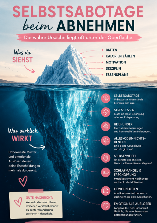Eisberg als Metapher für Selbstsabotage beim Abnehmen. Über der Wasseroberfläche stehen sichtbare Faktoren wie Diäten, Kalorien zählen und Disziplin. Unter der Oberfläche werden die eigentlichen Ursachen dargestellt: Stressessen, Heißhunger, Selbstzweifel, Gewohnheiten, Schlafmangel und emotionale Auslöser. Die Grafik zeigt, warum Abnehmen oft nicht an fehlender Willenskraft scheitert.