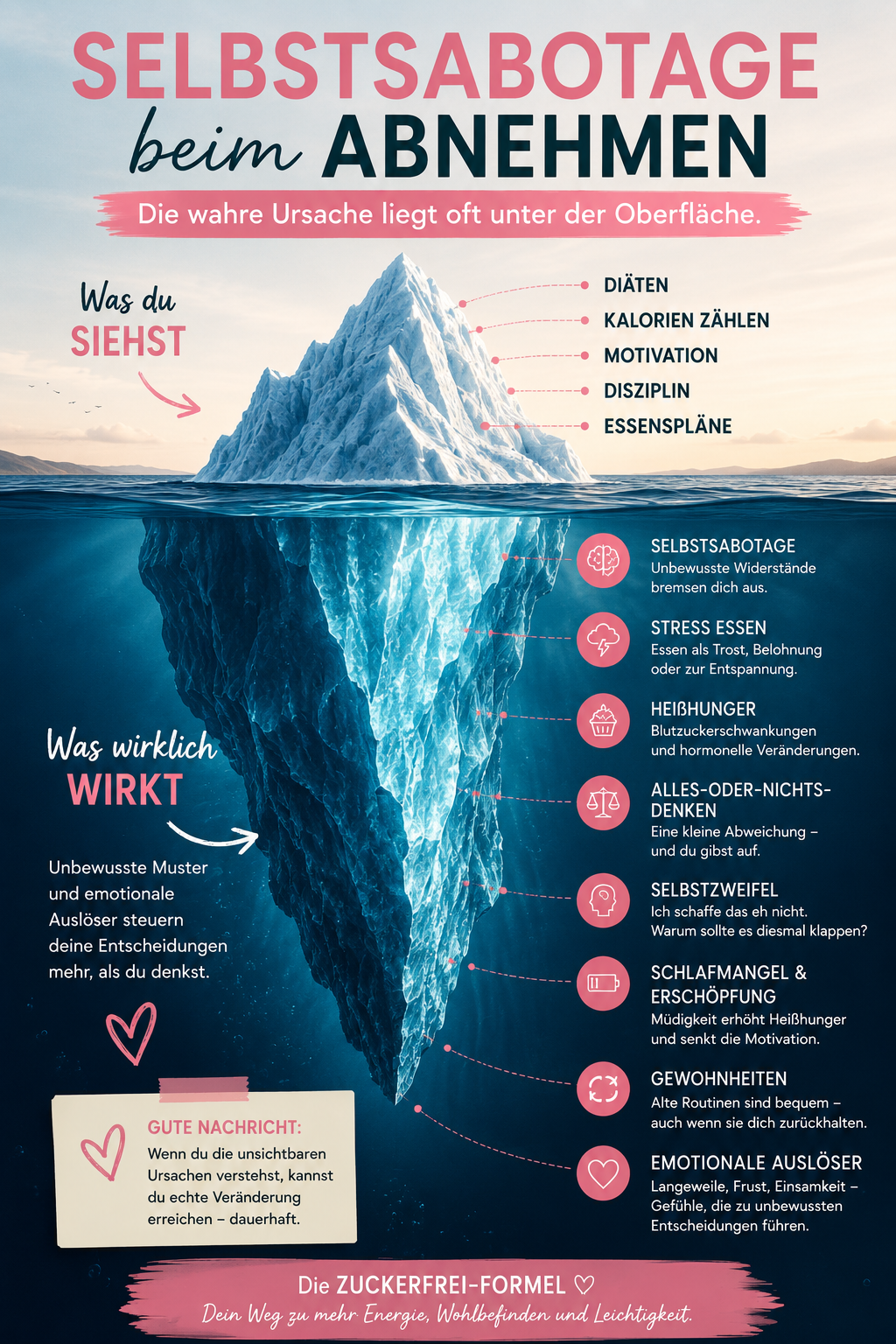 Eisberg als Metapher für Selbstsabotage beim Abnehmen. Über der Wasseroberfläche stehen sichtbare Faktoren wie Diäten, Kalorien zählen und Disziplin. Unter der Oberfläche werden die eigentlichen Ursachen dargestellt: Stressessen, Heißhunger, Selbstzweifel, Gewohnheiten, Schlafmangel und emotionale Auslöser. Die Grafik zeigt, warum Abnehmen oft nicht an fehlender Willenskraft scheitert.