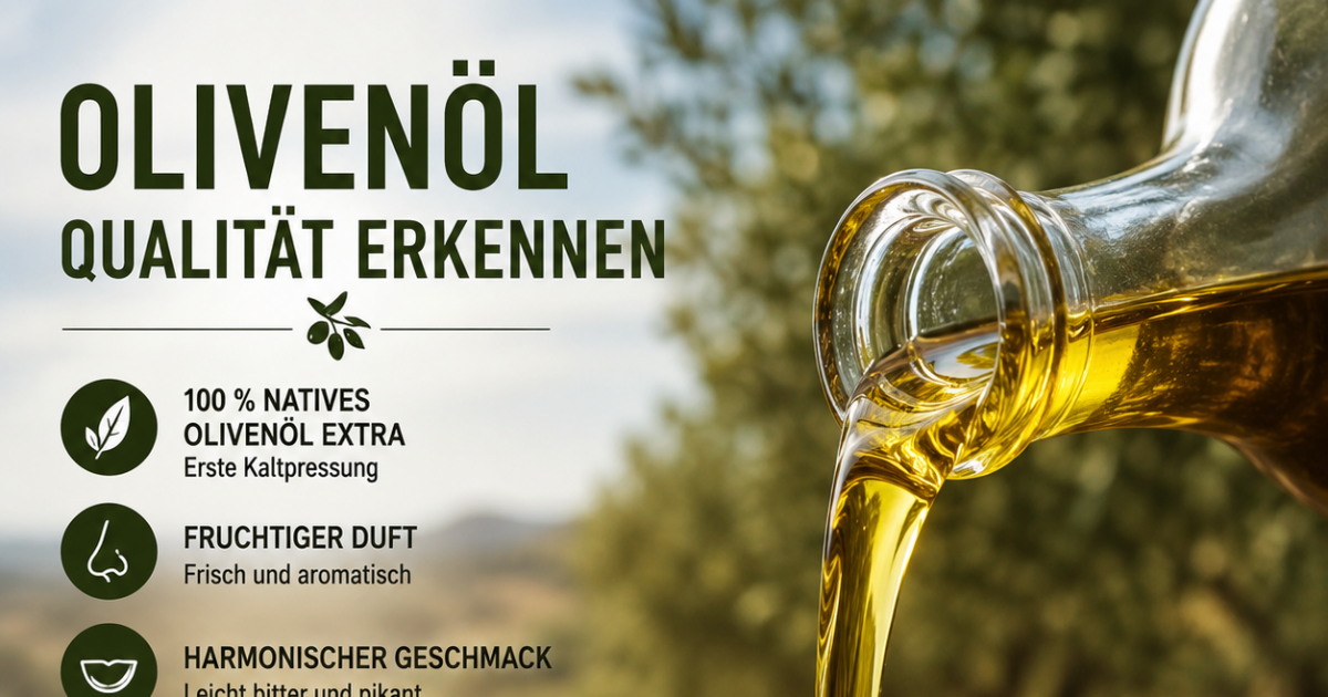 Olivenöl Qualität erkennen: Hochwertiges natives Olivenöl extra wird in eine Glasschale gegossen.