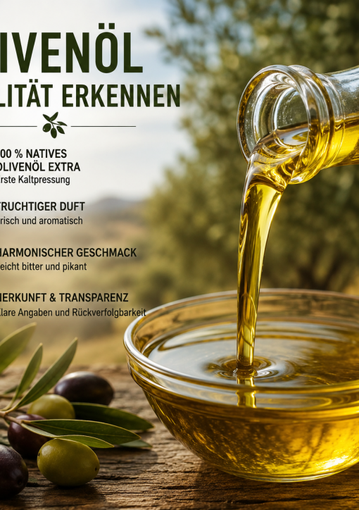 Olivenöl Qualität erkennen: Hochwertiges natives Olivenöl extra wird in eine Glasschale gegossen.