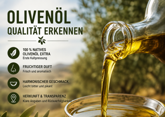 Olivenöl Qualität erkennen: Hochwertiges natives Olivenöl extra wird in eine Glasschale gegossen.