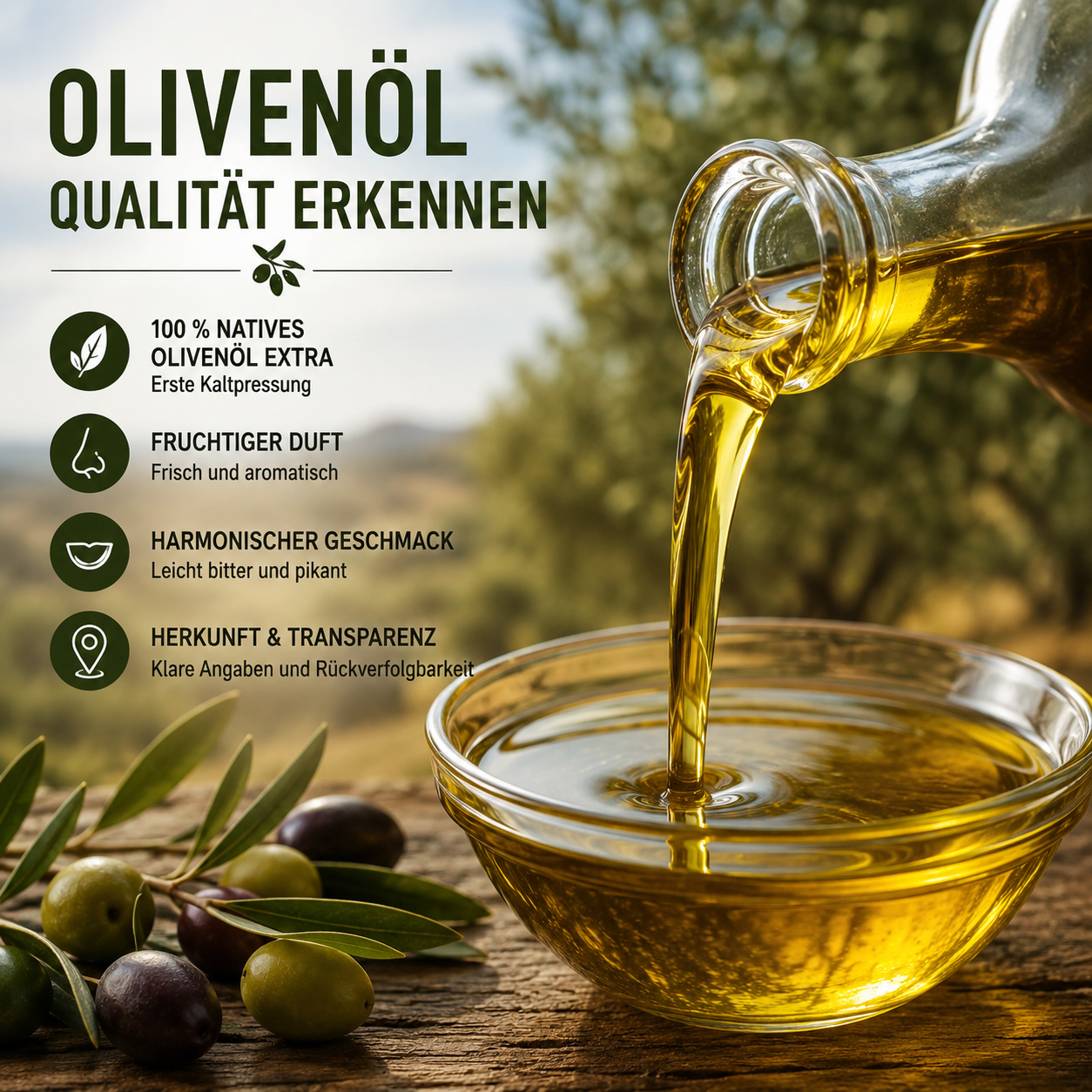 Olivenöl Qualität erkennen: Hochwertiges natives Olivenöl extra wird in eine Glasschale gegossen.