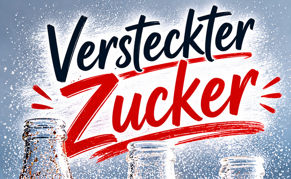 Drei Glasflaschen mit zuckerhaltigen Getränken vor hellem Hintergrund. Zuckerwürfel und feine Zuckerkristalle schweben um die Flaschen. Darüber steht groß der Schriftzug „Versteckter Zucker“.