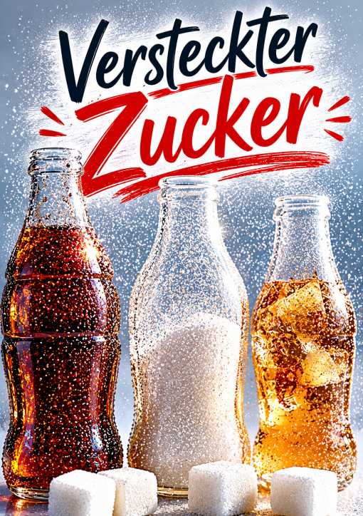 Drei Glasflaschen mit zuckerhaltigen Getränken vor hellem Hintergrund. Zuckerwürfel und feine Zuckerkristalle schweben um die Flaschen. Darüber steht groß der Schriftzug „Versteckter Zucker“.