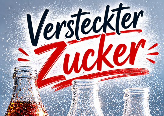 Drei Glasflaschen mit zuckerhaltigen Getränken vor hellem Hintergrund. Zuckerwürfel und feine Zuckerkristalle schweben um die Flaschen. Darüber steht groß der Schriftzug „Versteckter Zucker“.