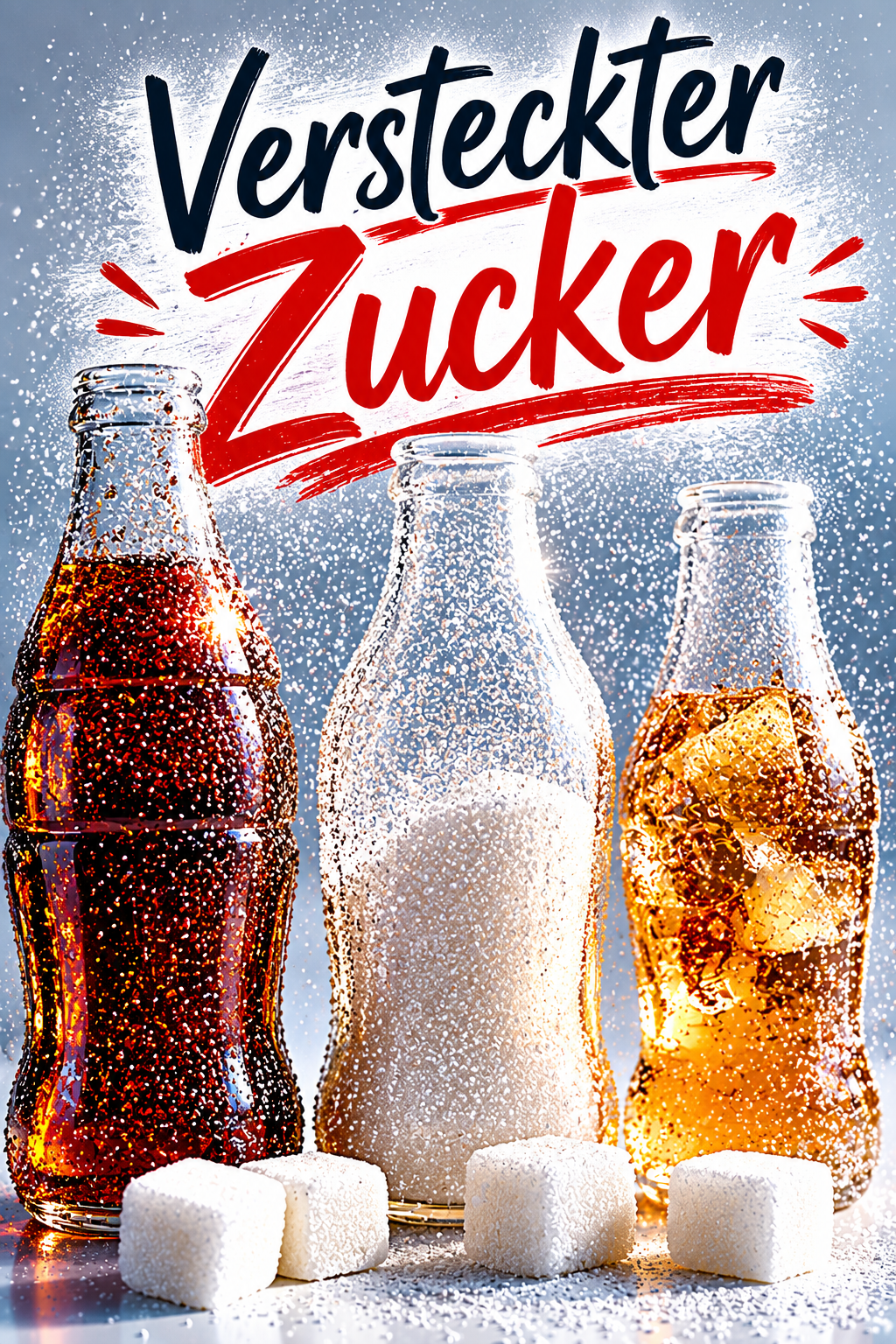 Drei Glasflaschen mit zuckerhaltigen Getränken vor hellem Hintergrund. Zuckerwürfel und feine Zuckerkristalle schweben um die Flaschen. Darüber steht groß der Schriftzug „Versteckter Zucker“.