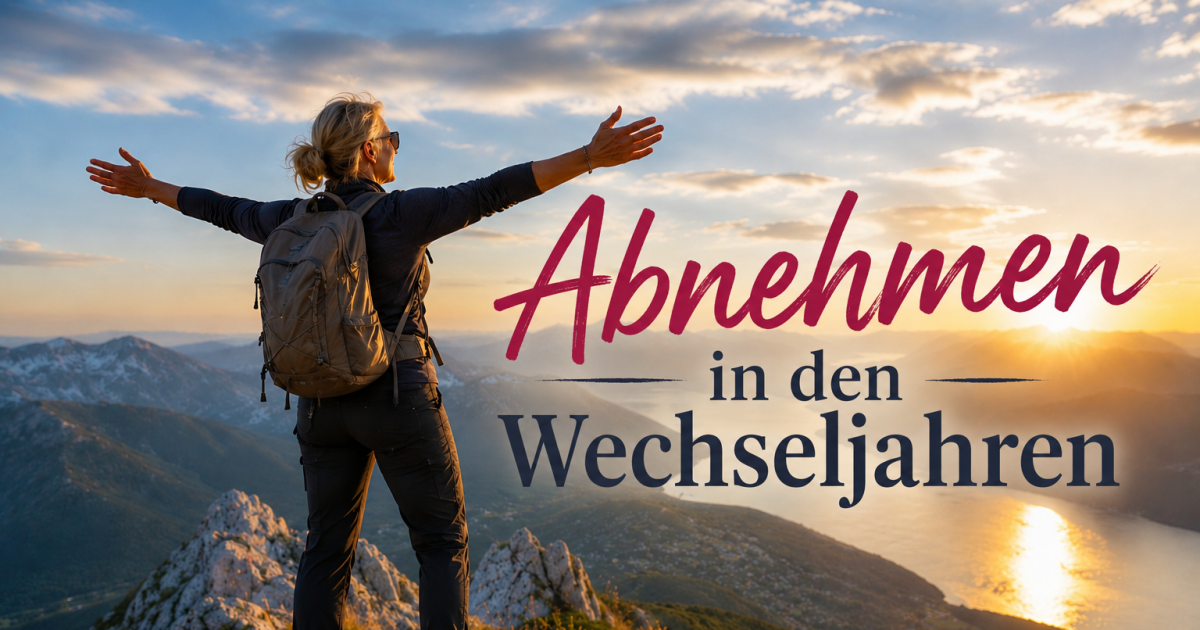 Frau steht auf einem Berggipfel mit Blick auf die Landschaft bei Sonnenuntergang. Text im Bild: „Abnehmen in den Wechseljahren