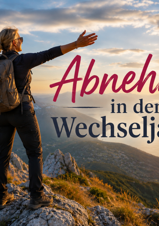 Frau steht auf einem Berggipfel mit Blick auf die Landschaft bei Sonnenuntergang. Text im Bild: „Abnehmen in den Wechseljahren