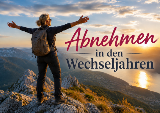 Frau steht auf einem Berggipfel mit Blick auf die Landschaft bei Sonnenuntergang. Text im Bild: „Abnehmen in den Wechseljahren