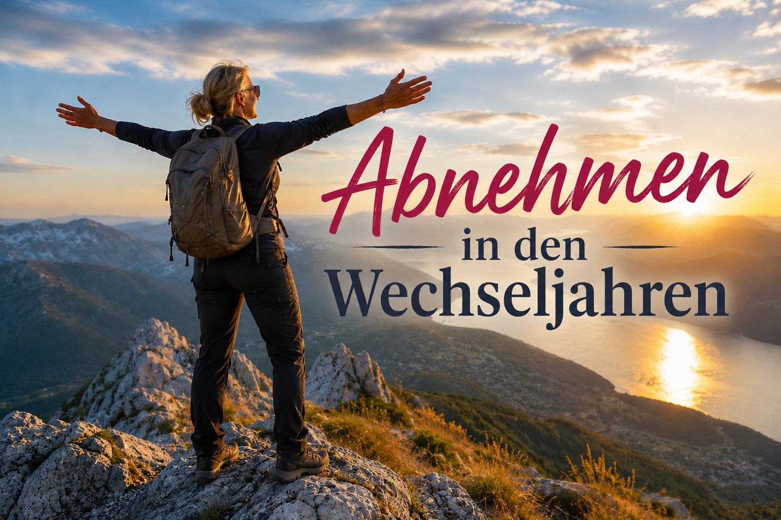Frau steht auf einem Berggipfel mit Blick auf die Landschaft bei Sonnenuntergang. Text im Bild: „Abnehmen in den Wechseljahren