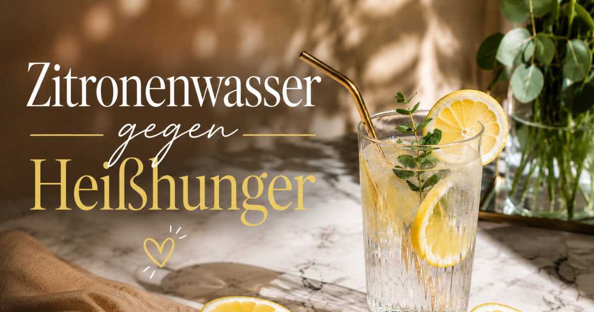 Elegantes Glas mit frischem Zitronenwasser auf einem sonnigen Marmortisch mit Zitronenscheiben und warmem Sommerlicht – Thema Heißhunger reduzieren und gesunde Wellness-Routine.
