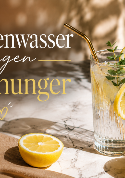 Elegantes Glas mit frischem Zitronenwasser auf einem sonnigen Marmortisch mit Zitronenscheiben und warmem Sommerlicht – Thema Heißhunger reduzieren und gesunde Wellness-Routine.