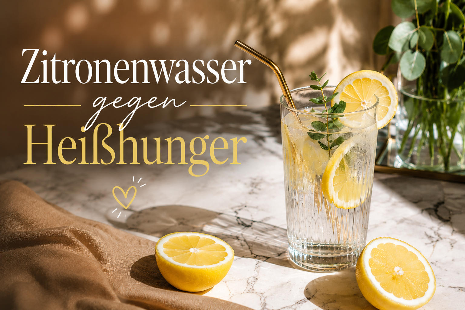 Elegantes Glas mit frischem Zitronenwasser auf einem sonnigen Marmortisch mit Zitronenscheiben und warmem Sommerlicht – Thema Heißhunger reduzieren und gesunde Wellness-Routine.