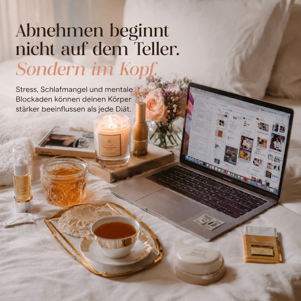 Gemütliche Wellness-Szene mit Laptop, Tee, Kerze und Pflegeprodukten auf einem Bett – symbolisches Bild für mentale Blockaden, Stress und den Wunsch nach mehr Ruhe und Balance im Alltag.