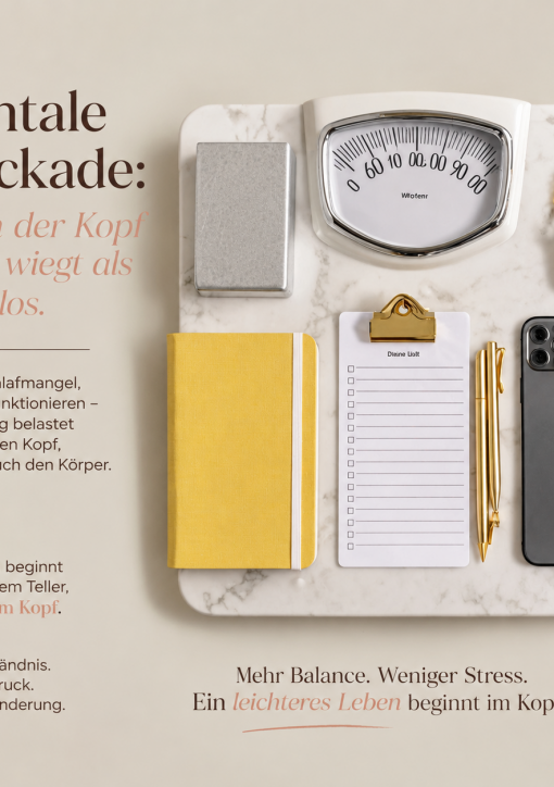 Küchenwaage mit Smartphone, Schlüsselbund und Notizzetteln statt Lebensmitteln – symbolisches Bild für Stress, mentale Belastung und den emotionalen Druck rund ums Abnehmen.