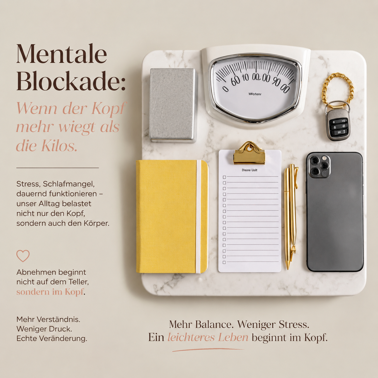 Küchenwaage mit Smartphone, Schlüsselbund und Notizzetteln statt Lebensmitteln – symbolisches Bild für Stress, mentale Belastung und den emotionalen Druck rund ums Abnehmen.