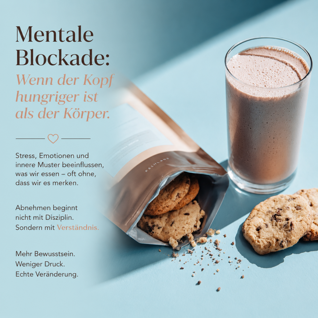 Proteinshake und Cookies auf blauem Hintergrund – symbolisches Bild für mentale Blockaden, emotionales Essen und den Zusammenhang zwischen Stress, Heißhunger und Abnehmen.