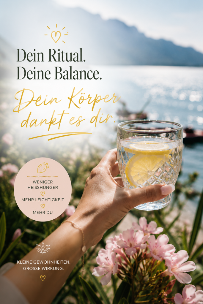 Weibliche Hand mit einem Glas Zitronenwasser vor einer ruhigen Sommerlandschaft am Wasser mit Bergen und rosa Blumen – Symbol für Balance, Wellness und bewusste gesunde Gewohnheiten.