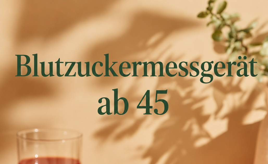 Modernes Blutzuckermessgerät mit frischem Obst, Beeren und Samen in warmem Tageslicht auf beigem Hintergrund – symbolisch für gesunde Ernährung und Blutzuckerkontrolle ab 45.
