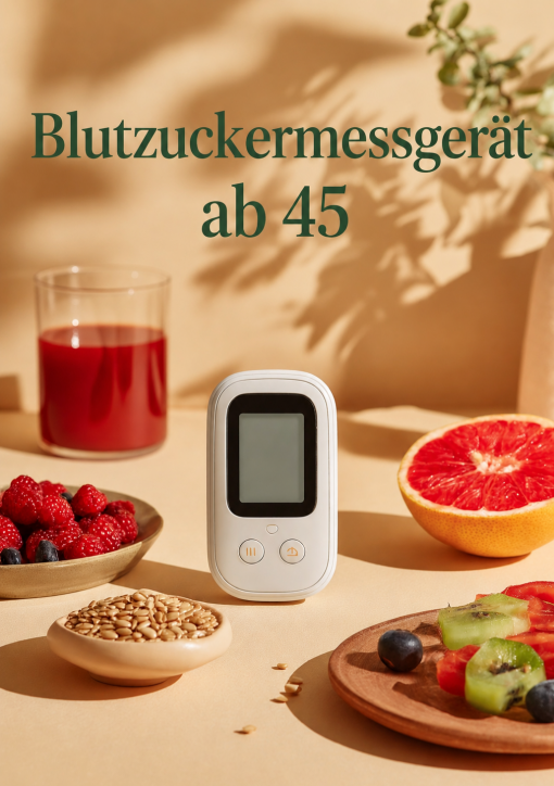 Modernes Blutzuckermessgerät mit frischem Obst, Beeren und Samen in warmem Tageslicht auf beigem Hintergrund – symbolisch für gesunde Ernährung und Blutzuckerkontrolle ab 45.