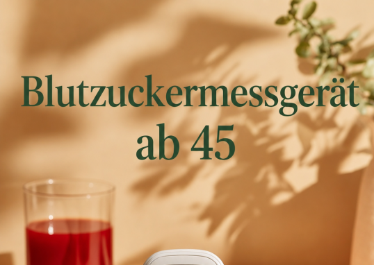 Modernes Blutzuckermessgerät mit frischem Obst, Beeren und Samen in warmem Tageslicht auf beigem Hintergrund – symbolisch für gesunde Ernährung und Blutzuckerkontrolle ab 45.