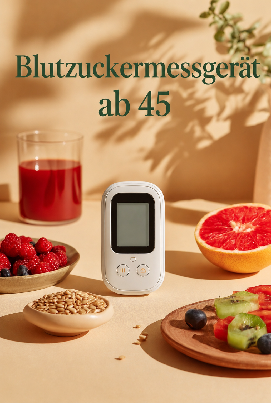 Modernes Blutzuckermessgerät mit frischem Obst, Beeren und Samen in warmem Tageslicht auf beigem Hintergrund – symbolisch für gesunde Ernährung und Blutzuckerkontrolle ab 45.