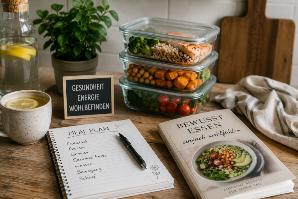 Meal Prep und bewusste Ernährung für Frauen über 45 mit gesunden Mahlzeiten, Planer und frischen Zutaten auf einem Küchentisch.