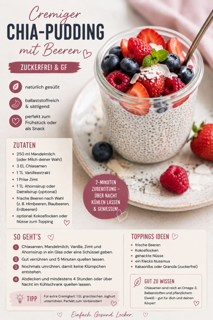 Cremiger Chia-Pudding mit frischen Beeren in einem Glas. Gesundes Frühstück ohne Zucker, dekoriert mit Himbeeren, Heidelbeeren und Chiasamen auf hellem Hintergrund.