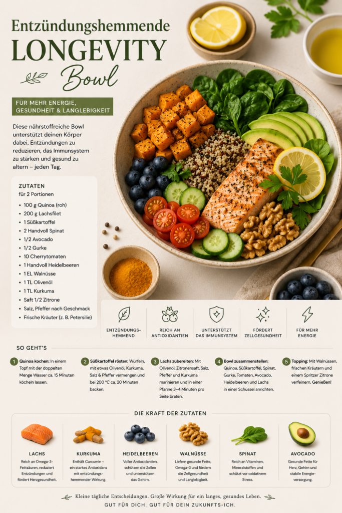 Diese nährstoffreiche Longevity Bowl kombiniert entzündungshemmende Zutaten wie Lachs, Kurkuma, Heidelbeeren, Avocado und Quinoa für mehr Energie, Zellschutz und Wohlbefinden.