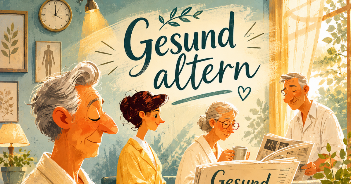 Illustrative Pinterest-Grafik zum Thema „Gesund altern“ mit älteren Menschen in einer warmen, gemütlichen Wellness-Umgebung. Eine Frau liest Zeitung, andere entspannen bei Tee und Tageslicht. Vintage-inspirierter Zeichenstil in sanften Beige-, Blau- und Grüntönen mit großer handgeschriebener Überschrift „Gesund altern“.