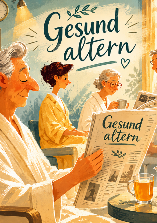 Illustrative Pinterest-Grafik zum Thema „Gesund altern“ mit älteren Menschen in einer warmen, gemütlichen Wellness-Umgebung. Eine Frau liest Zeitung, andere entspannen bei Tee und Tageslicht. Vintage-inspirierter Zeichenstil in sanften Beige-, Blau- und Grüntönen mit großer handgeschriebener Überschrift „Gesund altern“.