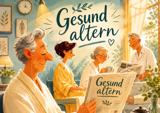 Illustrative Pinterest-Grafik zum Thema „Gesund altern“ mit älteren Menschen in einer warmen, gemütlichen Wellness-Umgebung. Eine Frau liest Zeitung, andere entspannen bei Tee und Tageslicht. Vintage-inspirierter Zeichenstil in sanften Beige-, Blau- und Grüntönen mit großer handgeschriebener Überschrift „Gesund altern“.