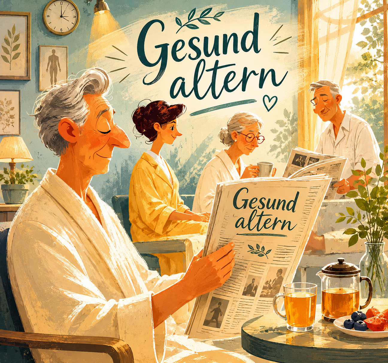 Illustrative Pinterest-Grafik zum Thema „Gesund altern“ mit älteren Menschen in einer warmen, gemütlichen Wellness-Umgebung. Eine Frau liest Zeitung, andere entspannen bei Tee und Tageslicht. Vintage-inspirierter Zeichenstil in sanften Beige-, Blau- und Grüntönen mit großer handgeschriebener Überschrift „Gesund altern“.
