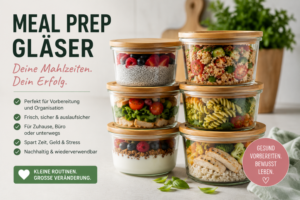 Meal Prep Gläser mit gesunden vorbereiteten Mahlzeiten für bewusste Ernährung und bessere Organisation im Alltag.