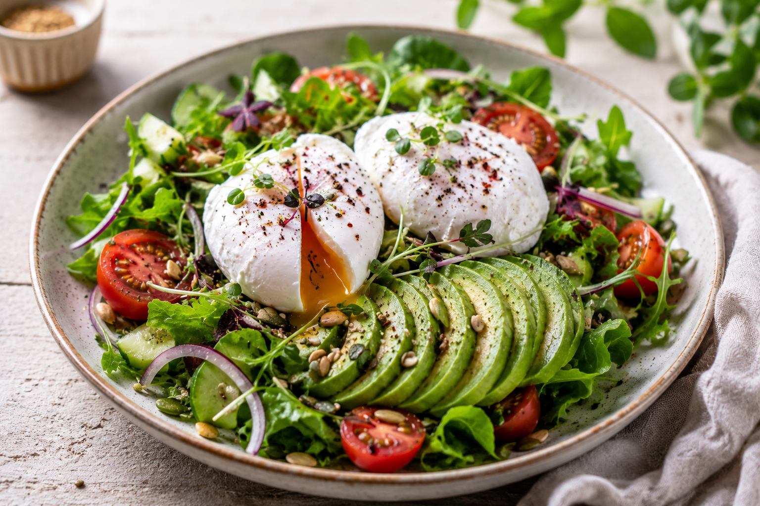 Proteinreiches Frühstück mit Salat, pochierten Eiern und Avocado für Frauen ab 45
