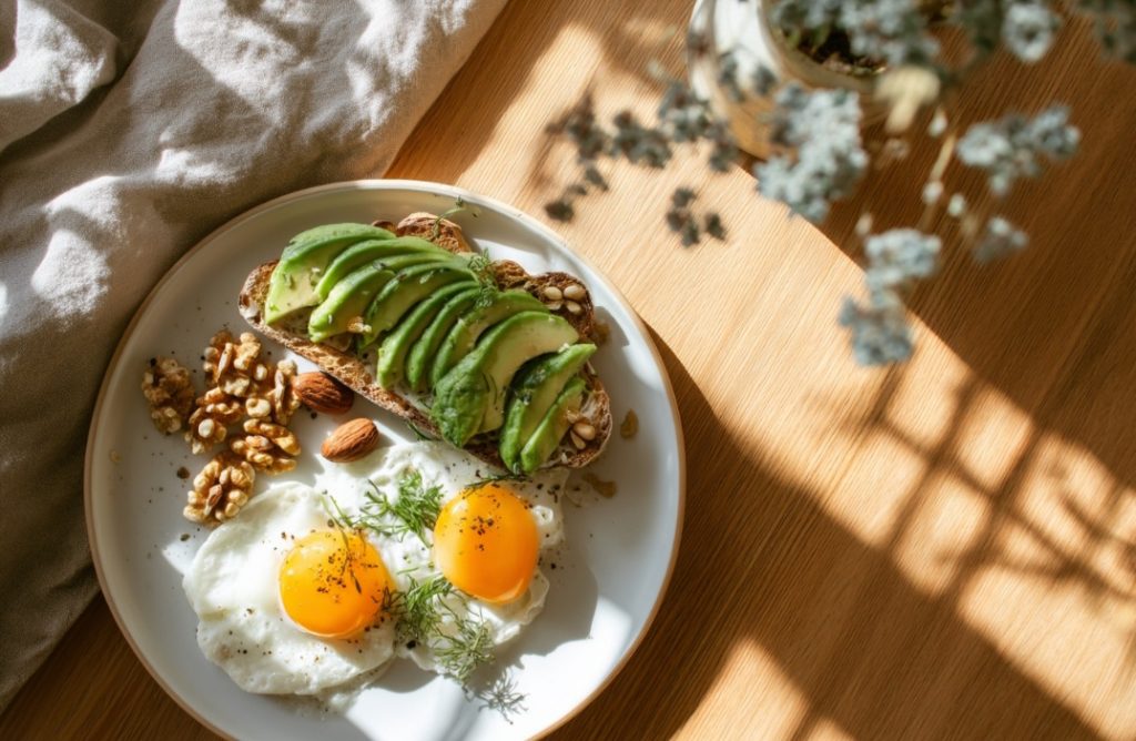 Proteinreiches Frühstück mit Spiegeleiern, Avocado-Vollkornbrot und Nüssen auf weißem Teller im warmen Morgenlicht – ideal zur Stabilisierung des Blutzuckers.