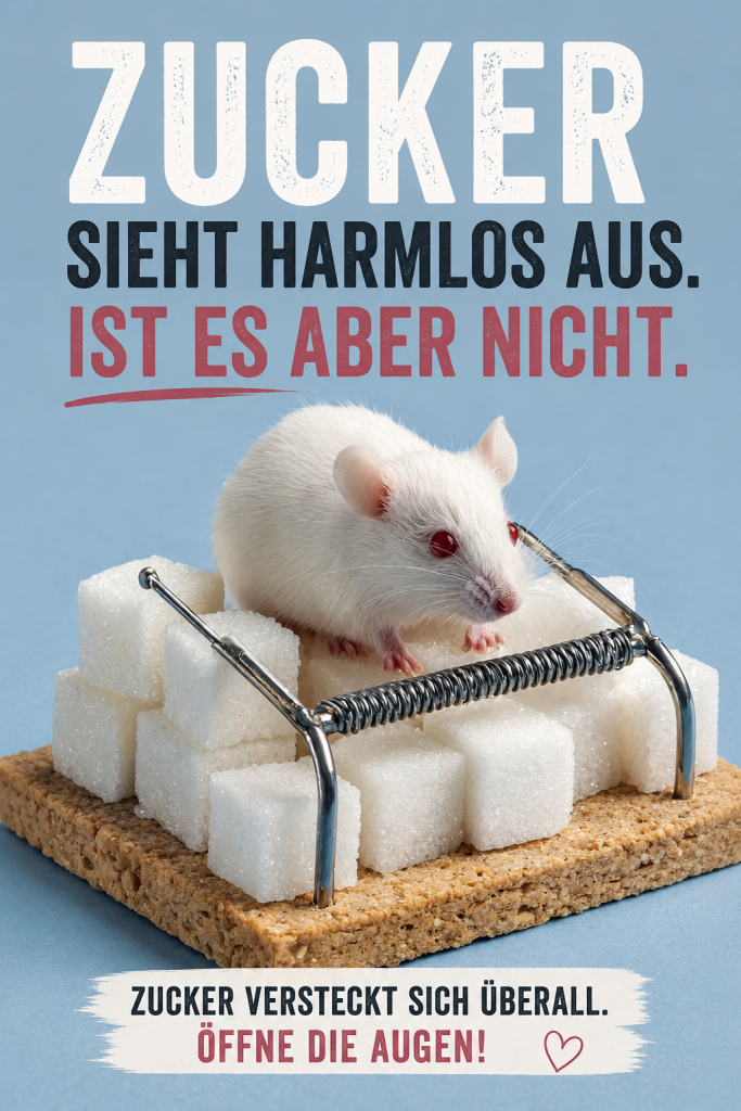 Weiße Maus sitzt auf einer Mausefalle aus Zuckerwürfeln vor hellem Hintergrund. Symbolbild für versteckten Zucker, Zuckerfallen und ungesunde Ernährung.