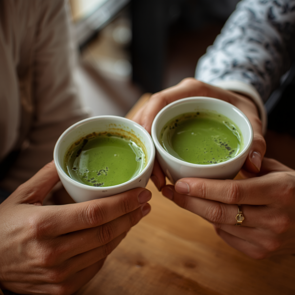 Zwei Hände halten jeweils eine Tasse Matchatee mit cremigem Milchschaum – entspannter Genuss für mehr Energie und Fokus.
