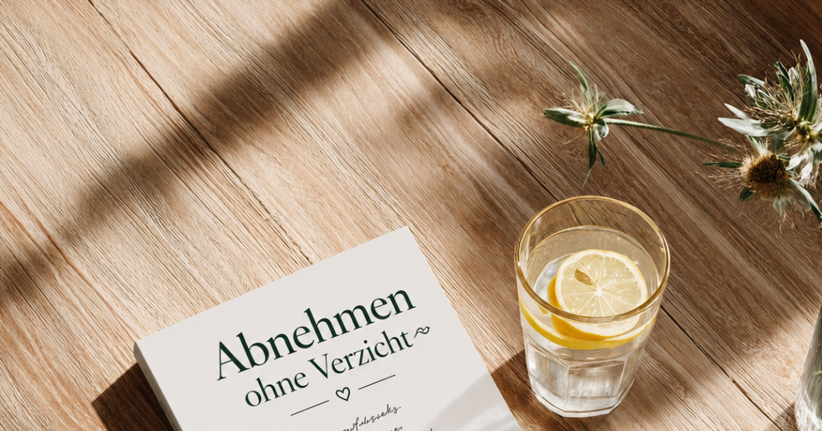 Inspirierendes Lifestyle-Bild zum Thema Abnehmen ohne Verzicht: Ein Rezeptbuch mit gesunden Mahlzeiten und ein Glas Zitronenwasser auf einem sonnigen Holztisch. Das Motiv symbolisiert eine ausgewogene Ernährung, gesunde Gewohnheiten und mehr Wohlbefinden im Alltag.