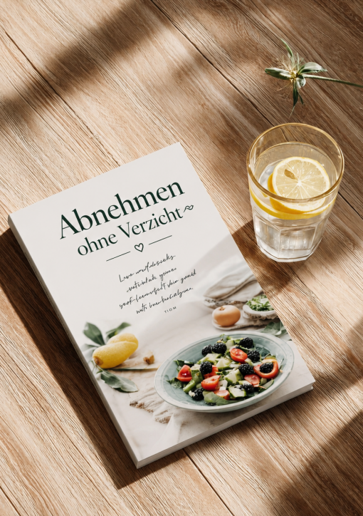 Inspirierendes Lifestyle-Bild zum Thema Abnehmen ohne Verzicht: Ein Rezeptbuch mit gesunden Mahlzeiten und ein Glas Zitronenwasser auf einem sonnigen Holztisch. Das Motiv symbolisiert eine ausgewogene Ernährung, gesunde Gewohnheiten und mehr Wohlbefinden im Alltag.