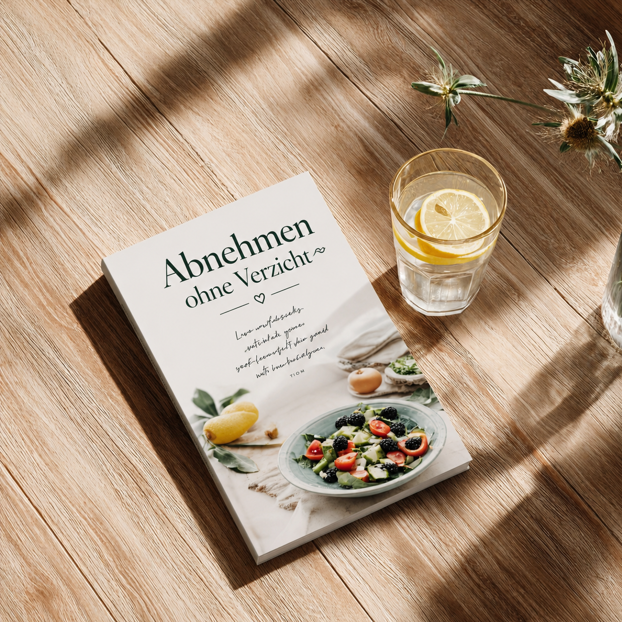 Inspirierendes Lifestyle-Bild zum Thema Abnehmen ohne Verzicht: Ein Rezeptbuch mit gesunden Mahlzeiten und ein Glas Zitronenwasser auf einem sonnigen Holztisch. Das Motiv symbolisiert eine ausgewogene Ernährung, gesunde Gewohnheiten und mehr Wohlbefinden im Alltag.
