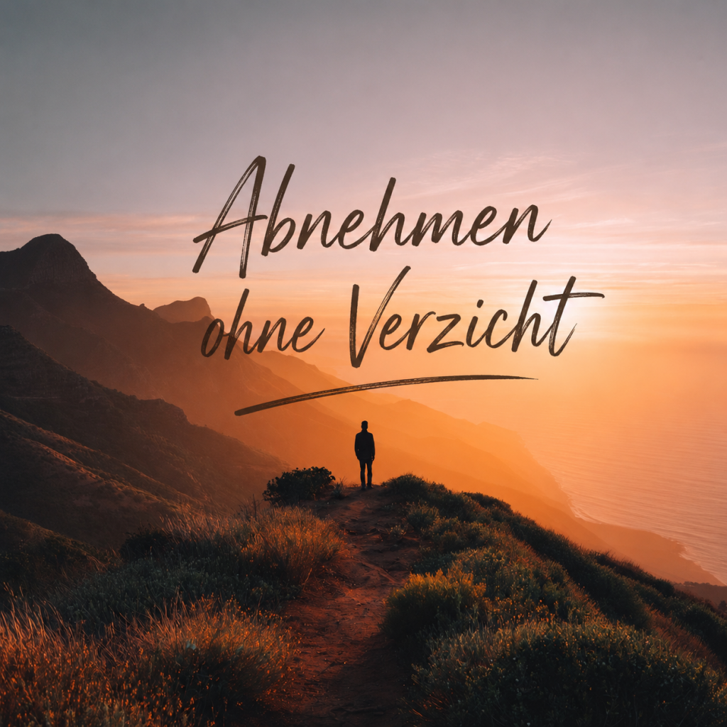 Inspirierendes Motivationsbild zum Thema Abnehmen ohne Verzicht: Eine Person blickt auf einem Berggipfel in die Ferne, während die Sonne die Landschaft in warmes Licht taucht. Das Bild symbolisiert einen Neuanfang, persönliche Veränderung und den Weg zu mehr Wohlbefinden.