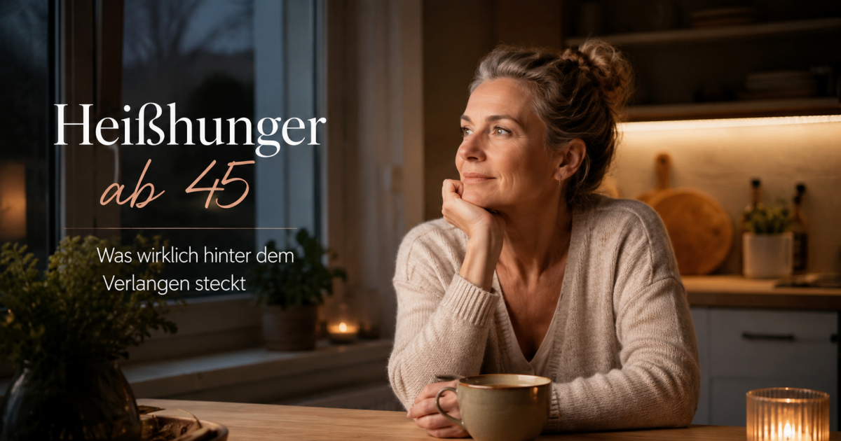 Heißhunger ab 45: Nachdenkliche Frau sitzt abends mit einer Tasse Tee in der Küche und blickt entspannt aus dem Fenster.