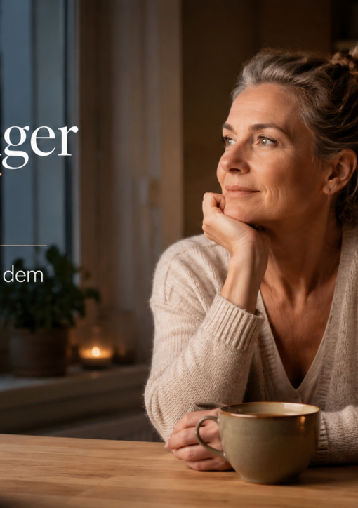Heißhunger ab 45: Nachdenkliche Frau sitzt abends mit einer Tasse Tee in der Küche und blickt entspannt aus dem Fenster.