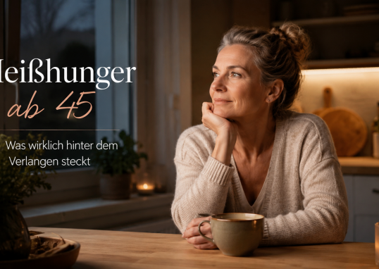Heißhunger ab 45: Nachdenkliche Frau sitzt abends mit einer Tasse Tee in der Küche und blickt entspannt aus dem Fenster.
