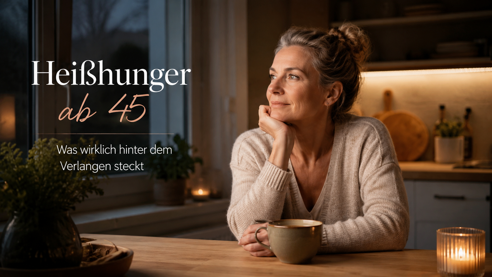 Heißhunger ab 45: Nachdenkliche Frau sitzt abends mit einer Tasse Tee in der Küche und blickt entspannt aus dem Fenster.