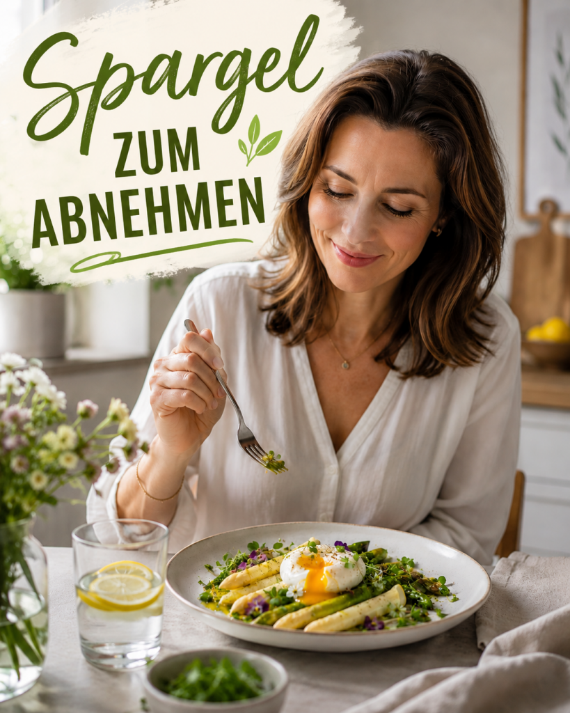 Frau genießt ein gesundes Spargelgericht mit weißem und grünem Spargel, pochiertem Ei und frischen Kräutern in einer hellen Küche. Ausgewogene Ernährung mit saisonalem Spargel für einen bewussten Lebensstil und gesundes Abnehmen.